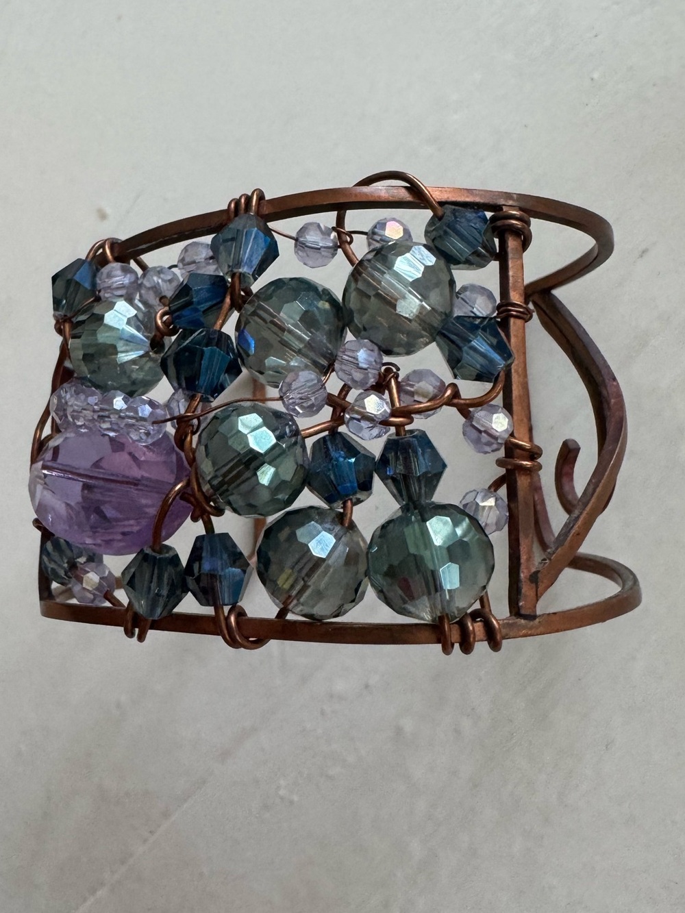 Beaded Copper Wire Gemstone Adjustable Cuff Bracelet Amethyst, Blue, Green Beads